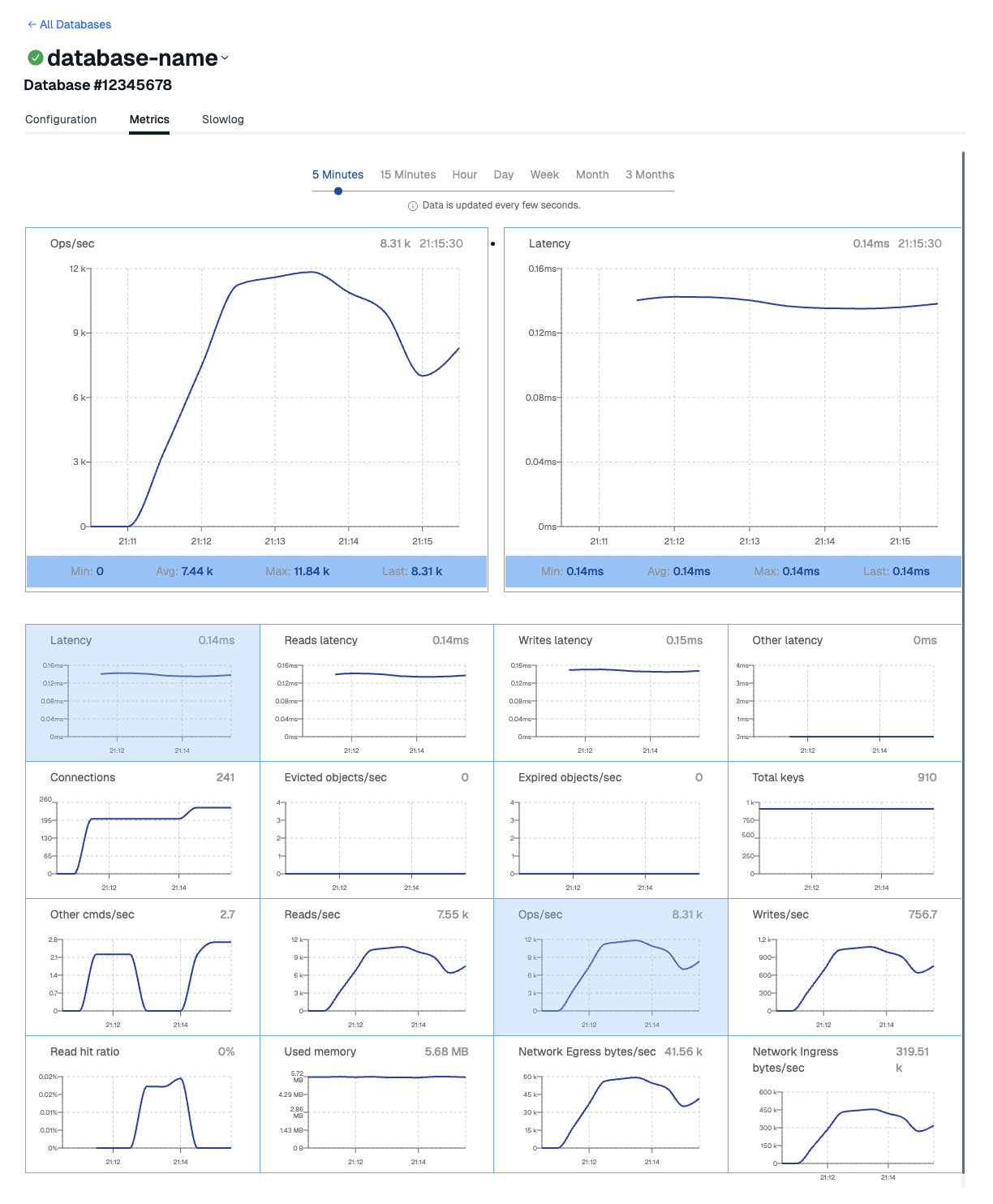The Metrics tab of the View Database screen.