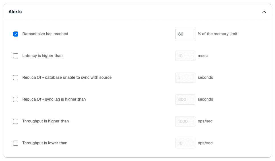 The Alerts section defines the notification emails and their triggering conditions.