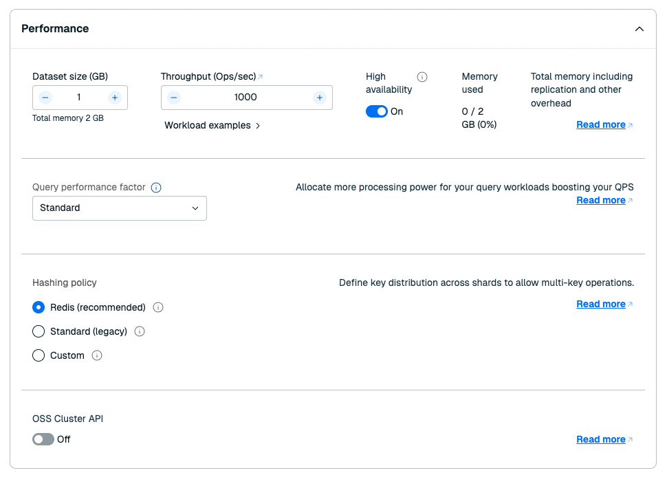 Use the Performance section to control the size, throughput, and hashing policy for a database.