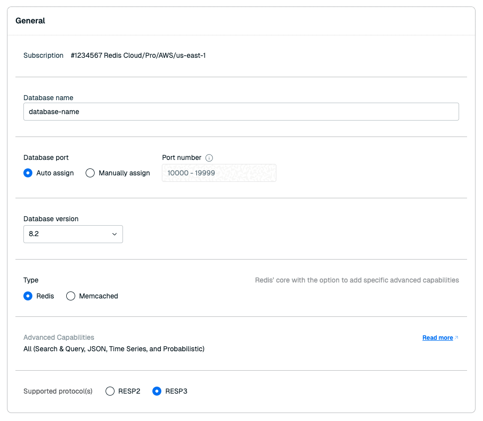 The general section of the New Database screen.