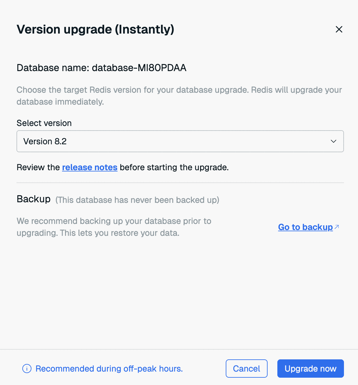 The Redis version upgrade screen.