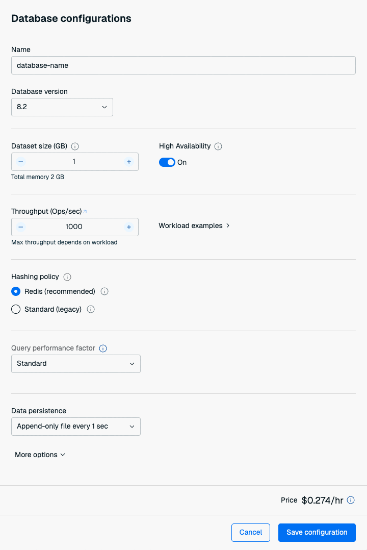 The Database configurations dialog with basic settings.