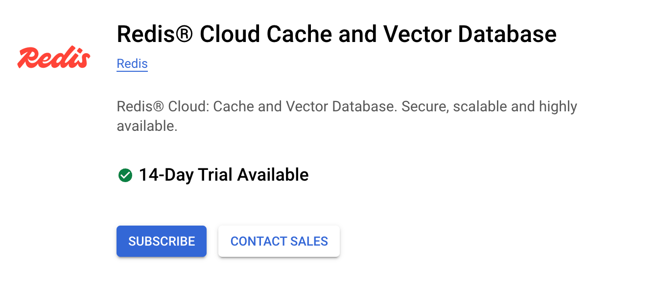 The Redis Cloud - Pay as You Go plan listing on Google Cloud Marketplace