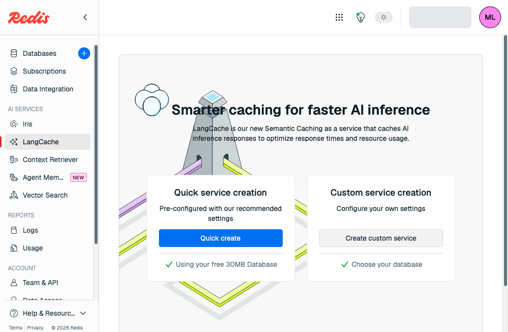 The LangCache page in the Redis Cloud console, with Quick create and Create custom service options.