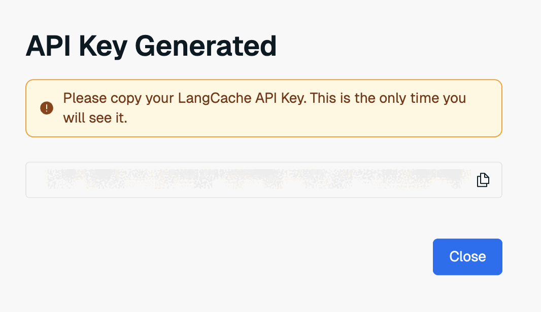 The LangCache service key window. Use the Copy button to save the service key to the clipboard.