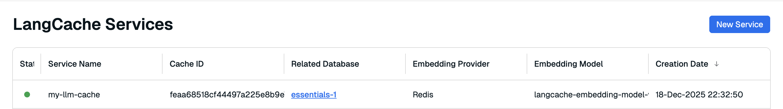 The LangCache service in the LangCache service list.