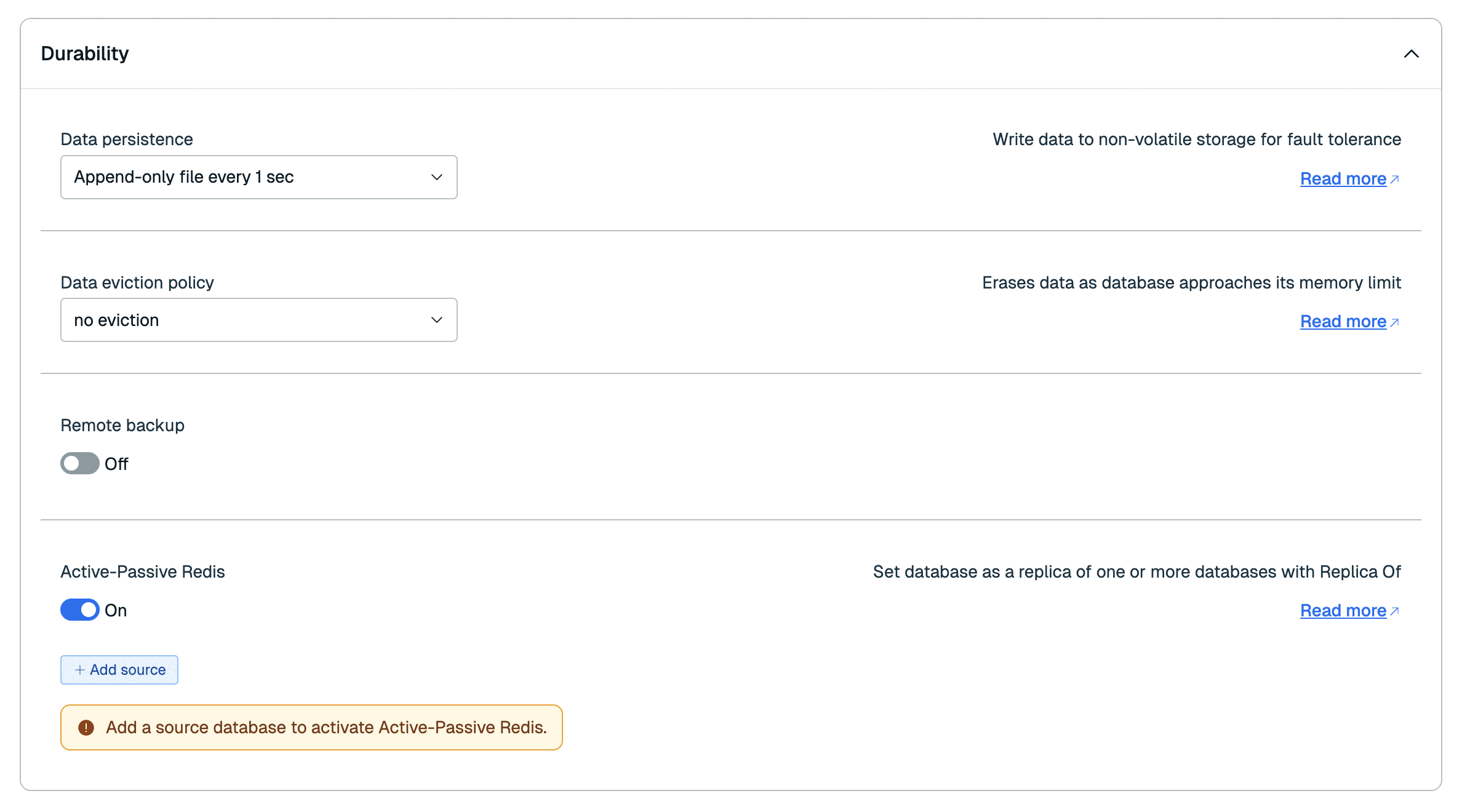 Active-Passive settings are located in the Durability section of the database Configuration tab.