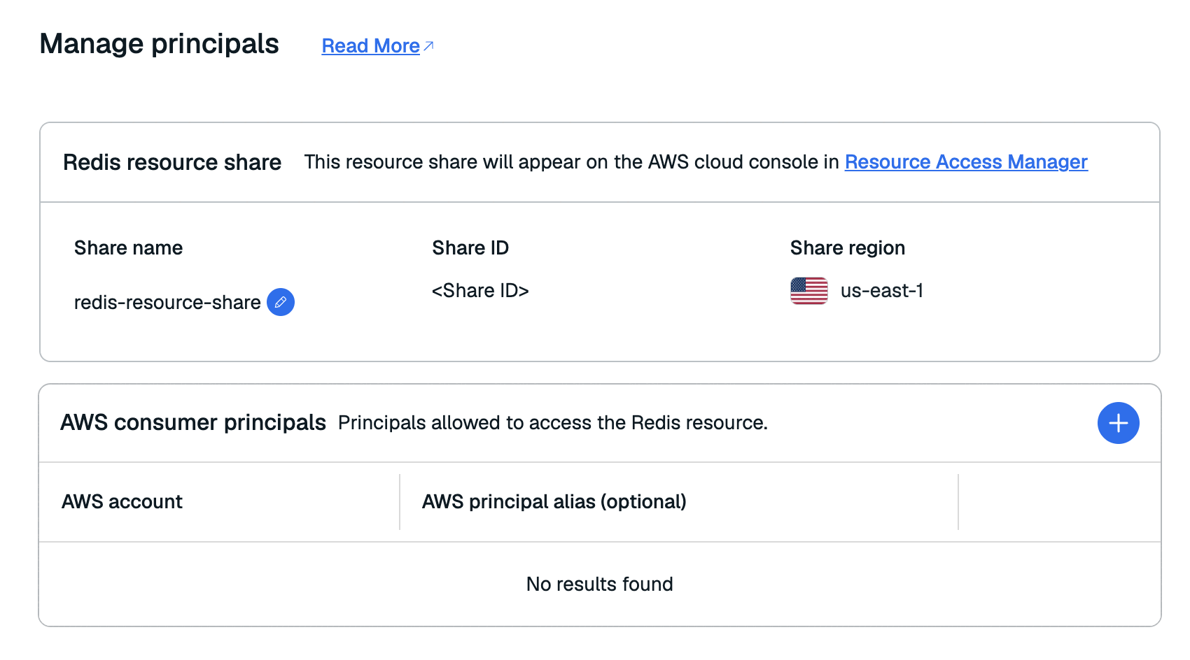 The Manage Principals window lets you add and remove principals from the resource share.
