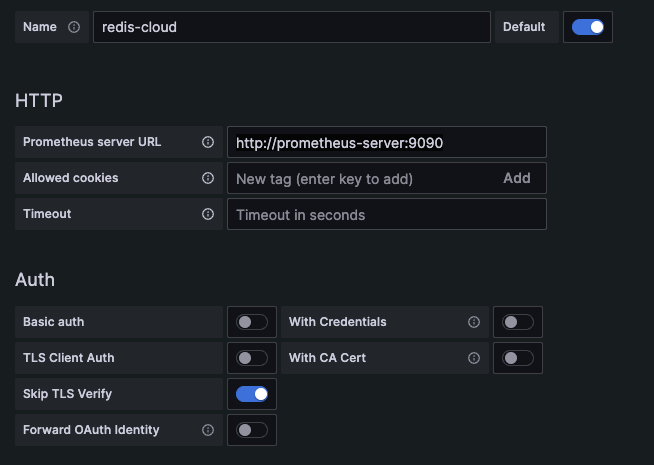The Prometheus connection form in Grafana.