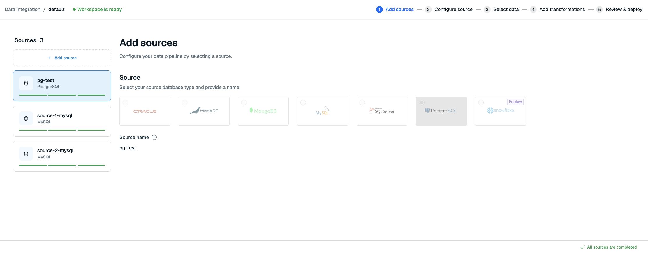 Add-source wizard showing existing sources and the Add source control.