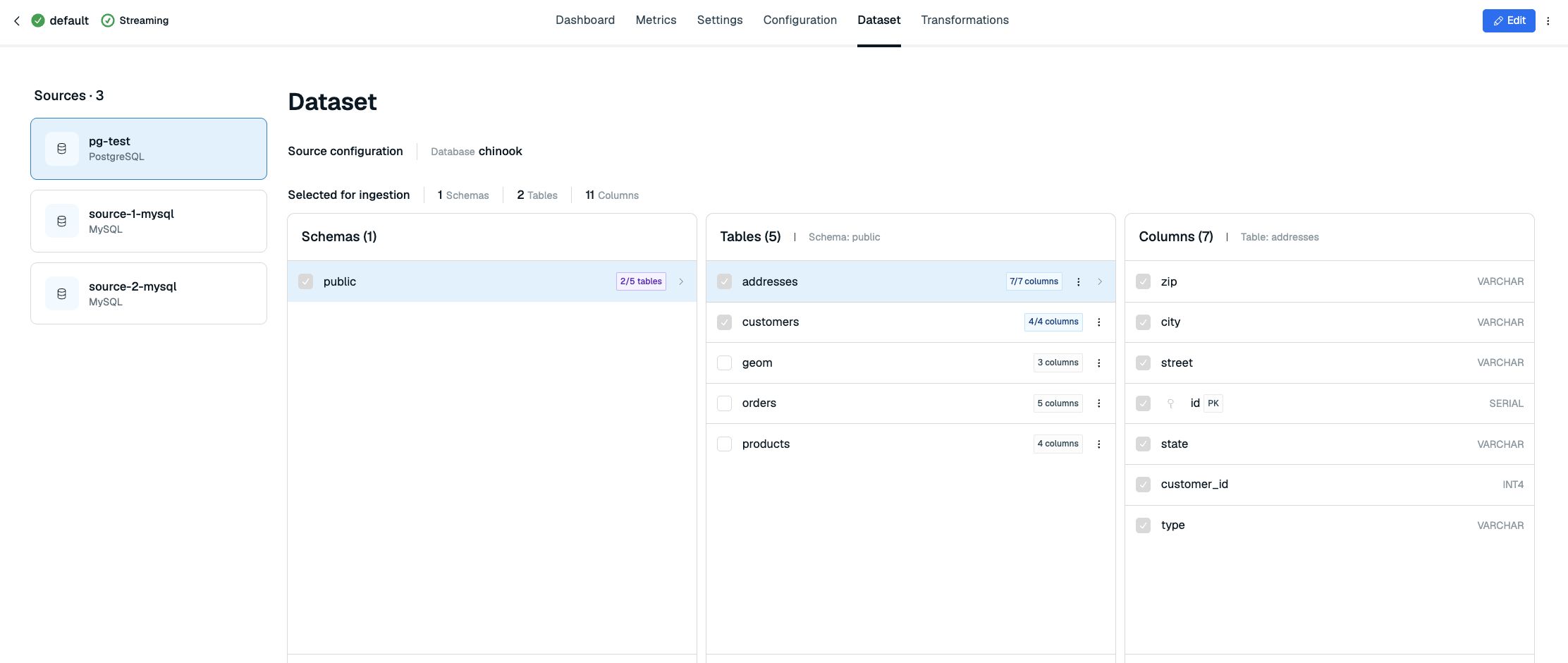Dataset tab with a source selector and selected schema, tables, and columns.