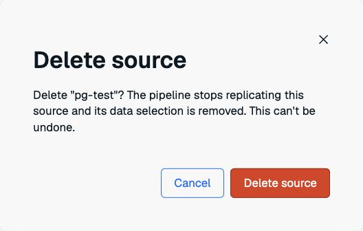 Delete source confirmation for the selected PostgreSQL source.