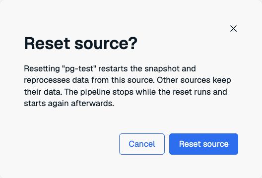 Reset source confirmation explaining that other sources retain their data and the pipeline temporarily stops.
