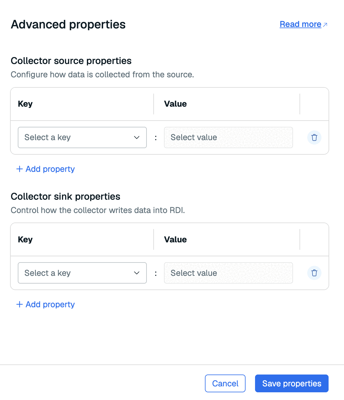 The advanced properties dialog with separate collector source and sink properties.