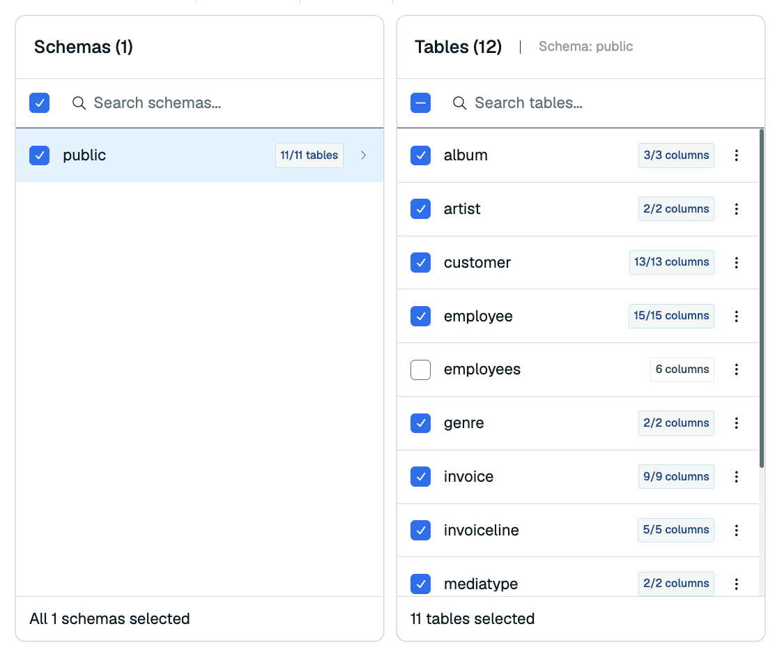 Selecting a schema shows its tables for ingestion.