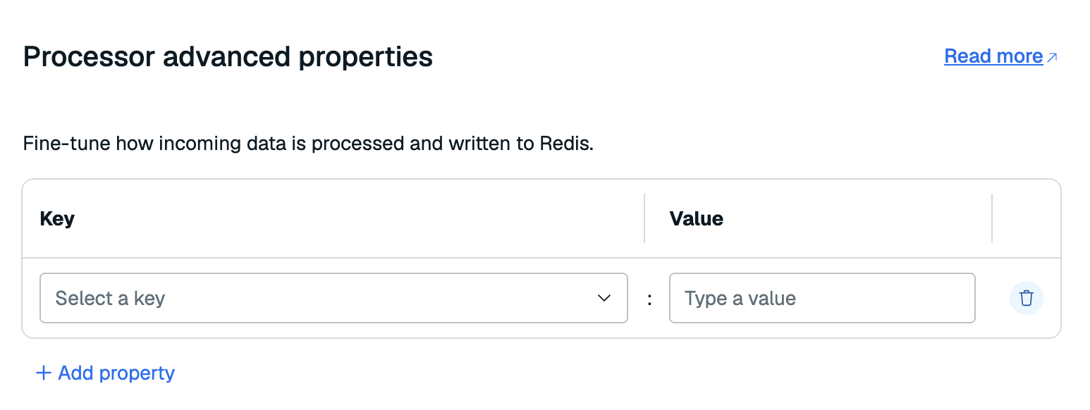 The processor advanced properties editor with key and value fields.