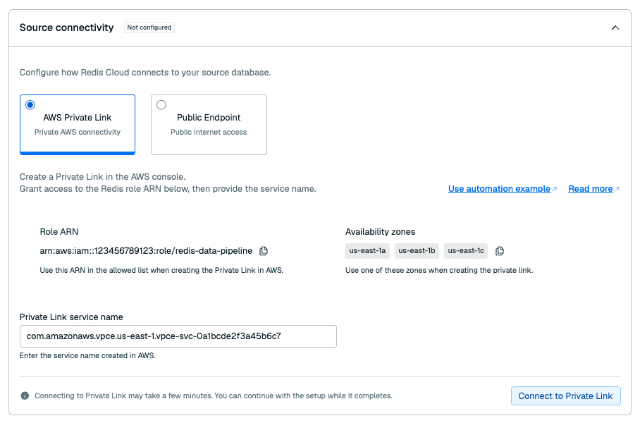 AWS Private Link connectivity with the service name and Connect to Private Link control.