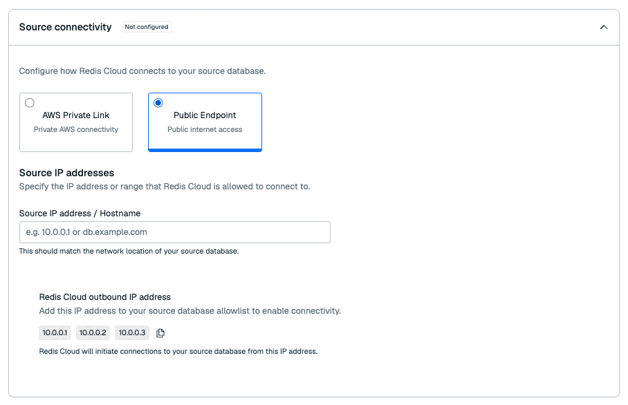 Public endpoint connectivity with source hostname and Redis Cloud outbound IP addresses.