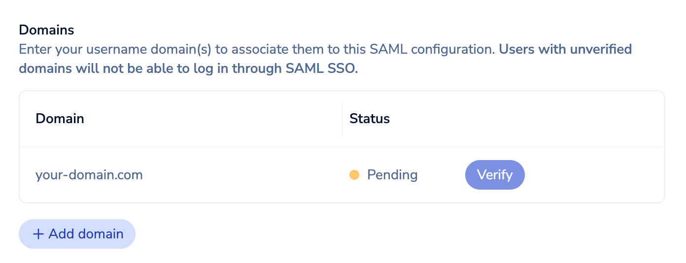 The Manage domain bindings panel, with a pending domain
