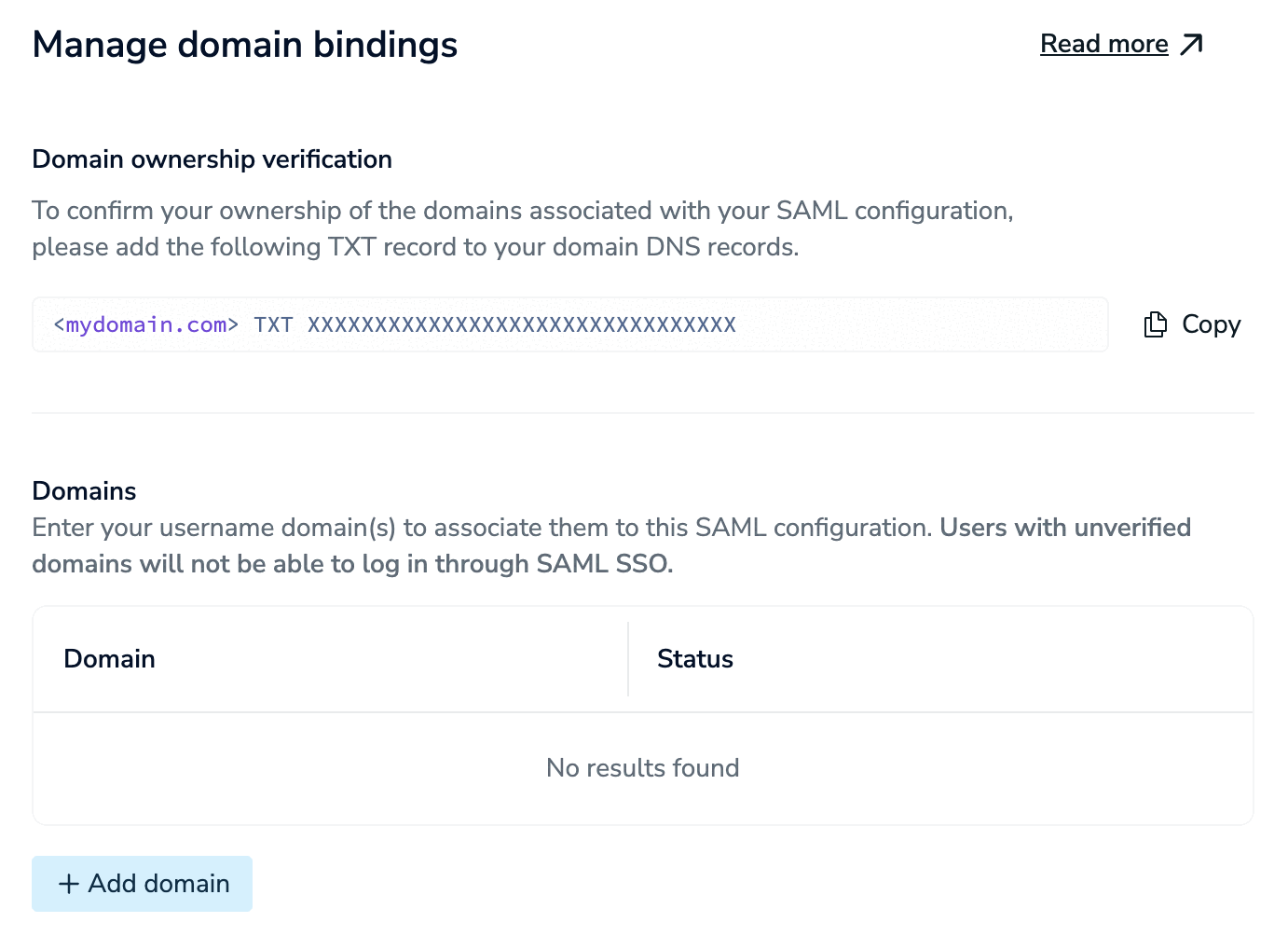 The Manage domain bindings panel