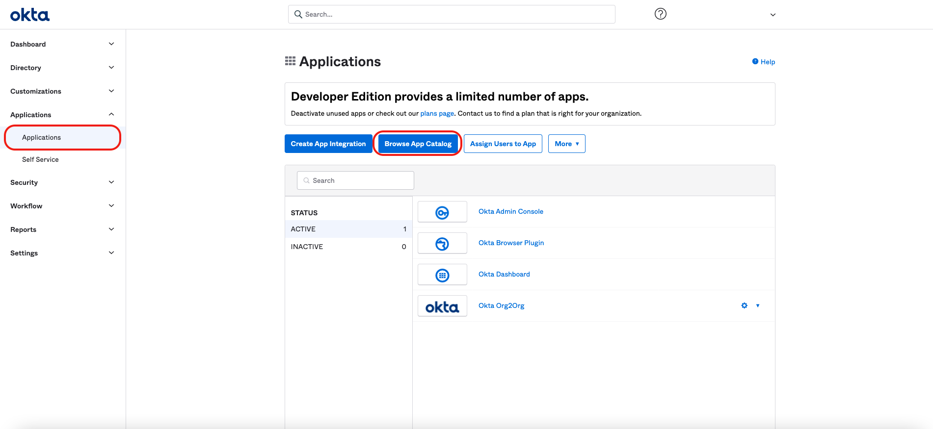 Use the Okta admin console to locate the Org2Org application template.