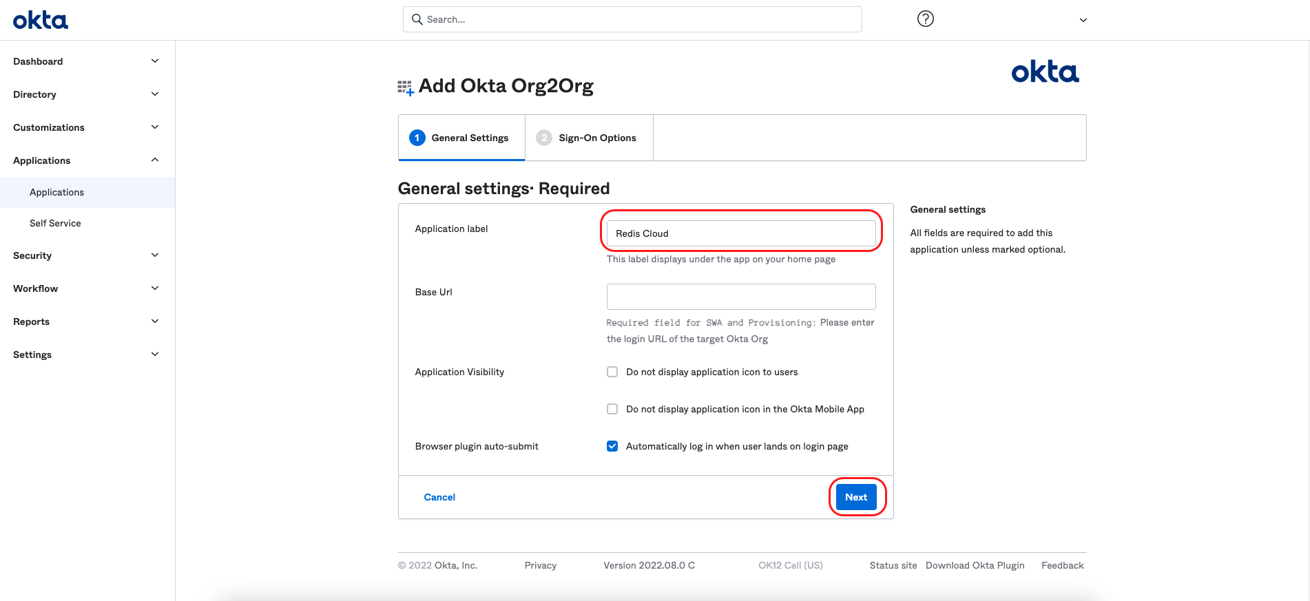 Use the Okta admin console to locate the Org2Org application template.