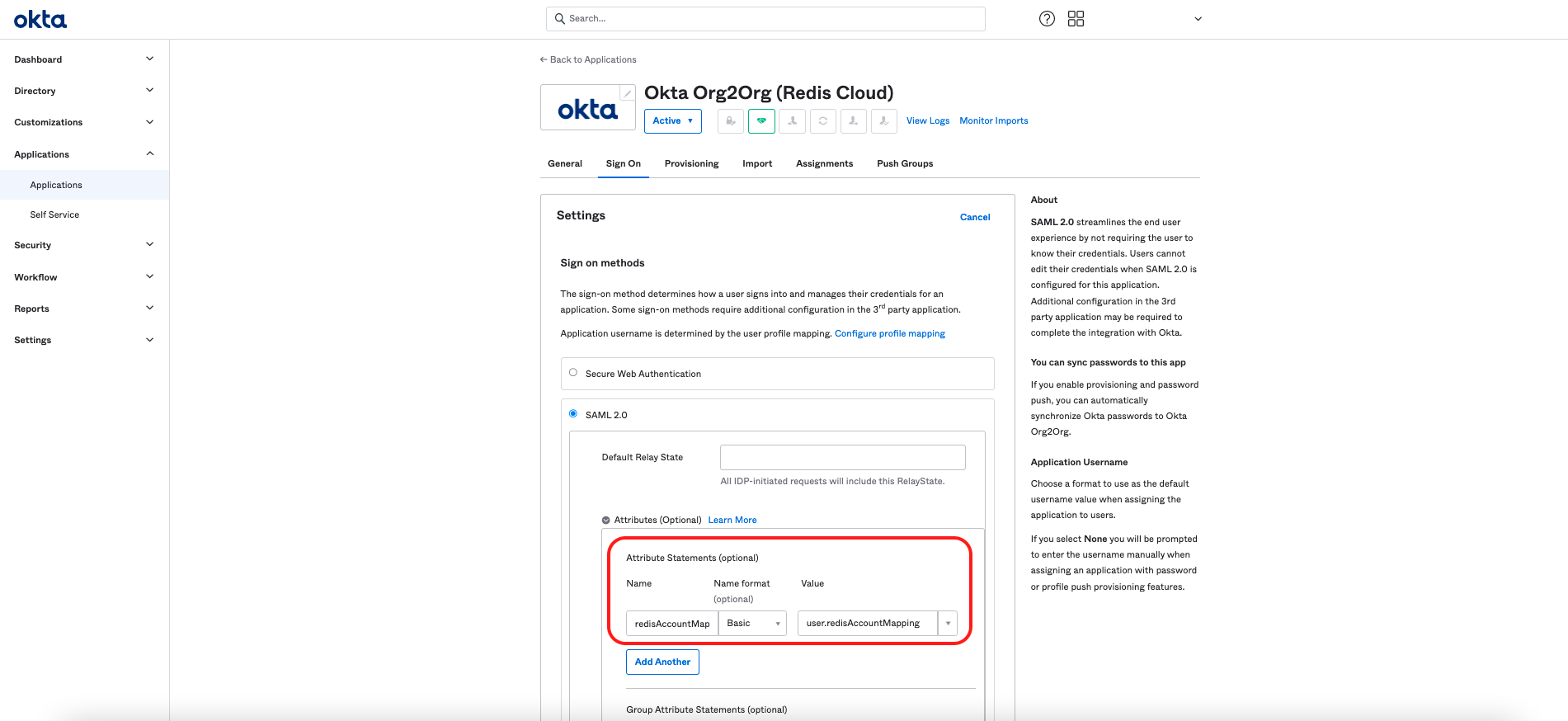 Use the Okta admin console to locate the Org2Org application template.