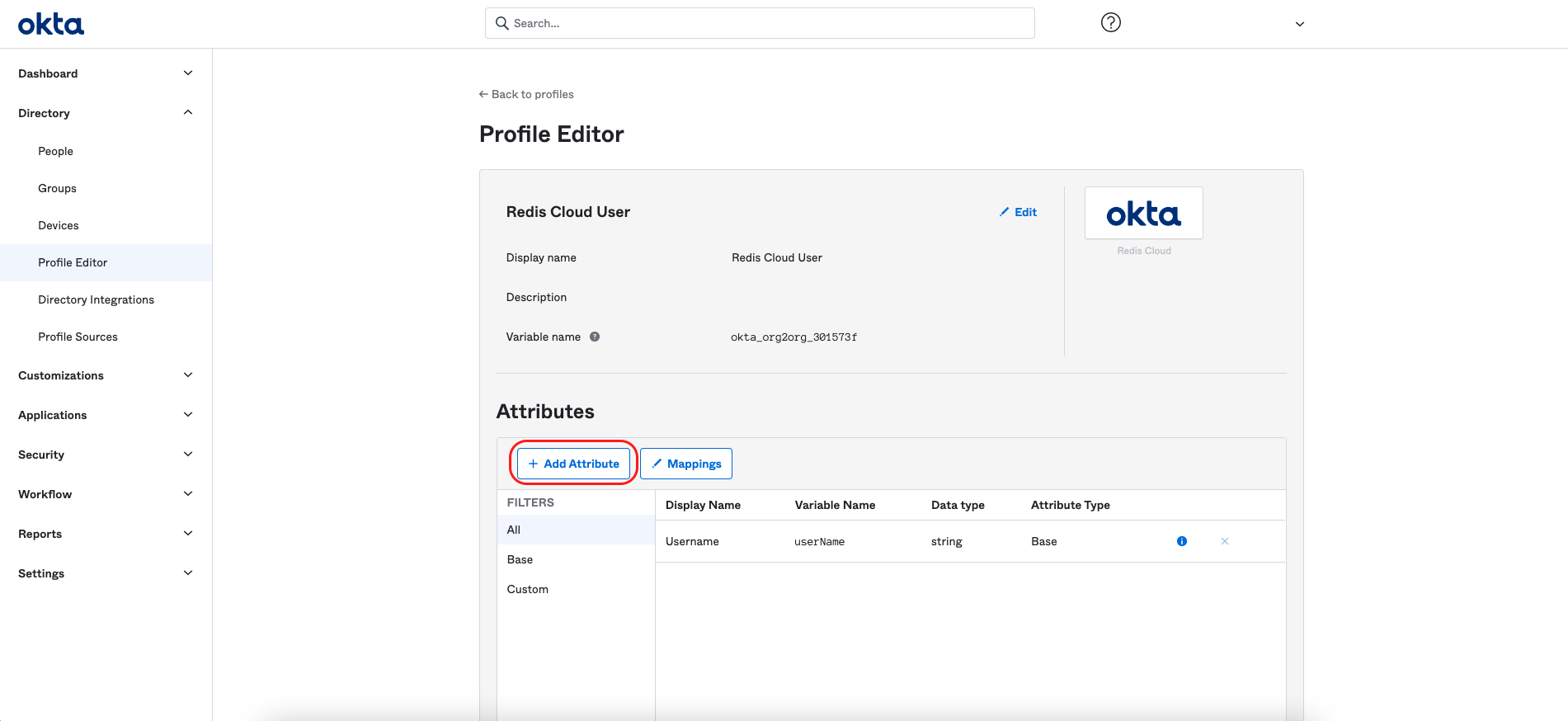 Use the Okta admin console to locate the Org2Org application template.