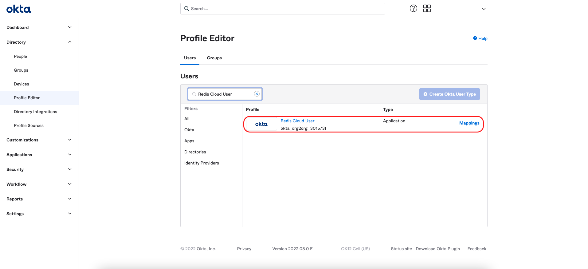 Use the Okta admin console to locate the Org2Org application template.