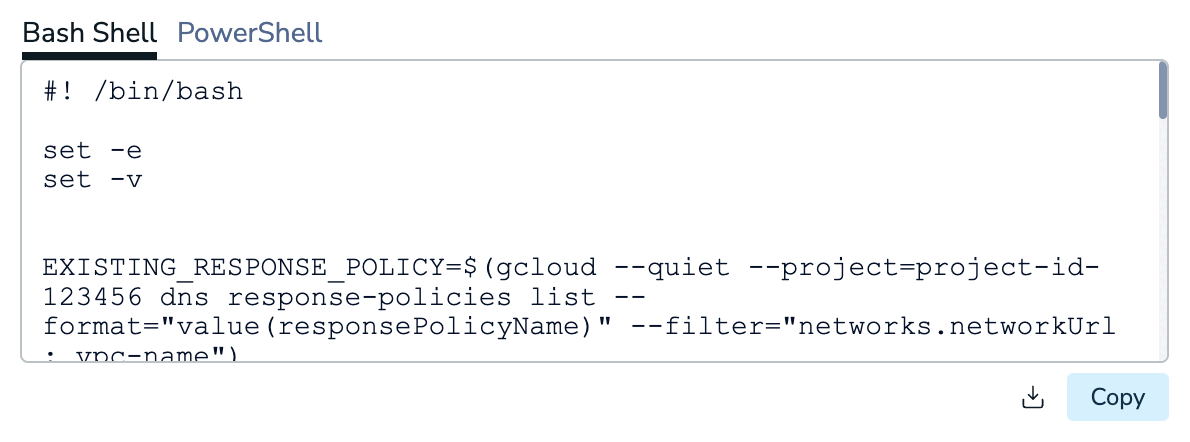 Use the Download or Copy buttons to save the gcloud script for later use.