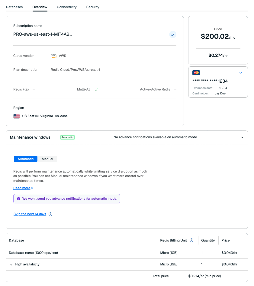 The Overview tab displays the settings used to create your Redis Cloud Pro subscription.