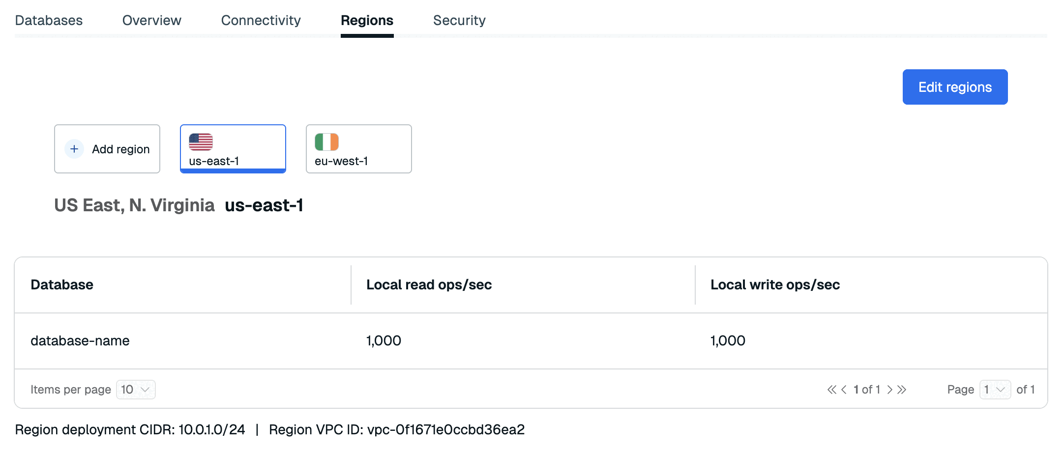 The Regions tab lets you manage the regions in your Active-Active subscription.