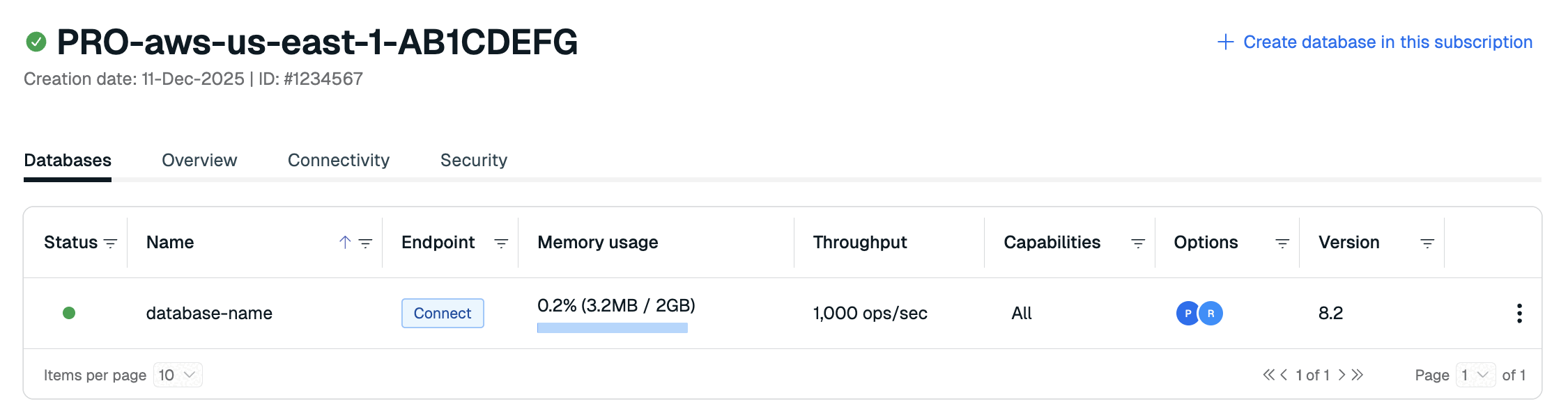 The Databases tab of the subscription details page is the default view.