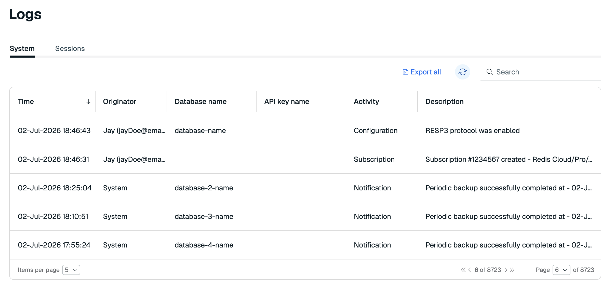 Choose the Logs command from the Redis Cloud console menu to view your subscription system log.