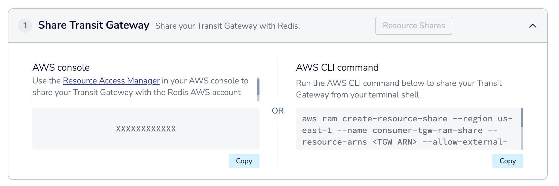 The Share Transit Gateway section.