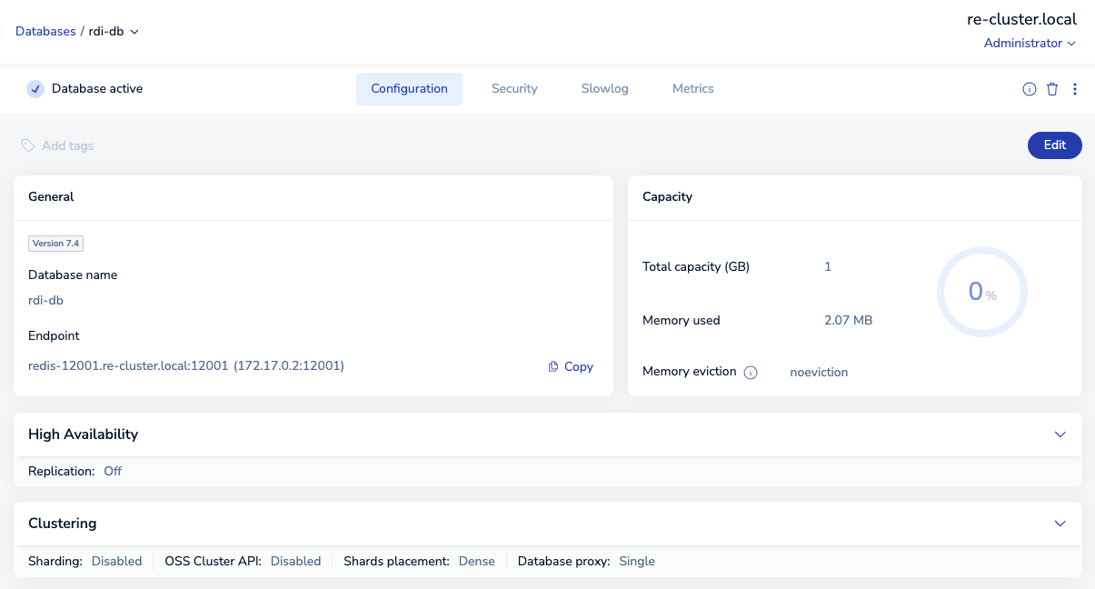 The Clustering section of the database Configuration tab shows Sharding: Disabled.