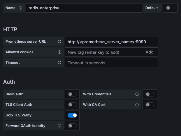 The Prometheus connection form in Grafana.