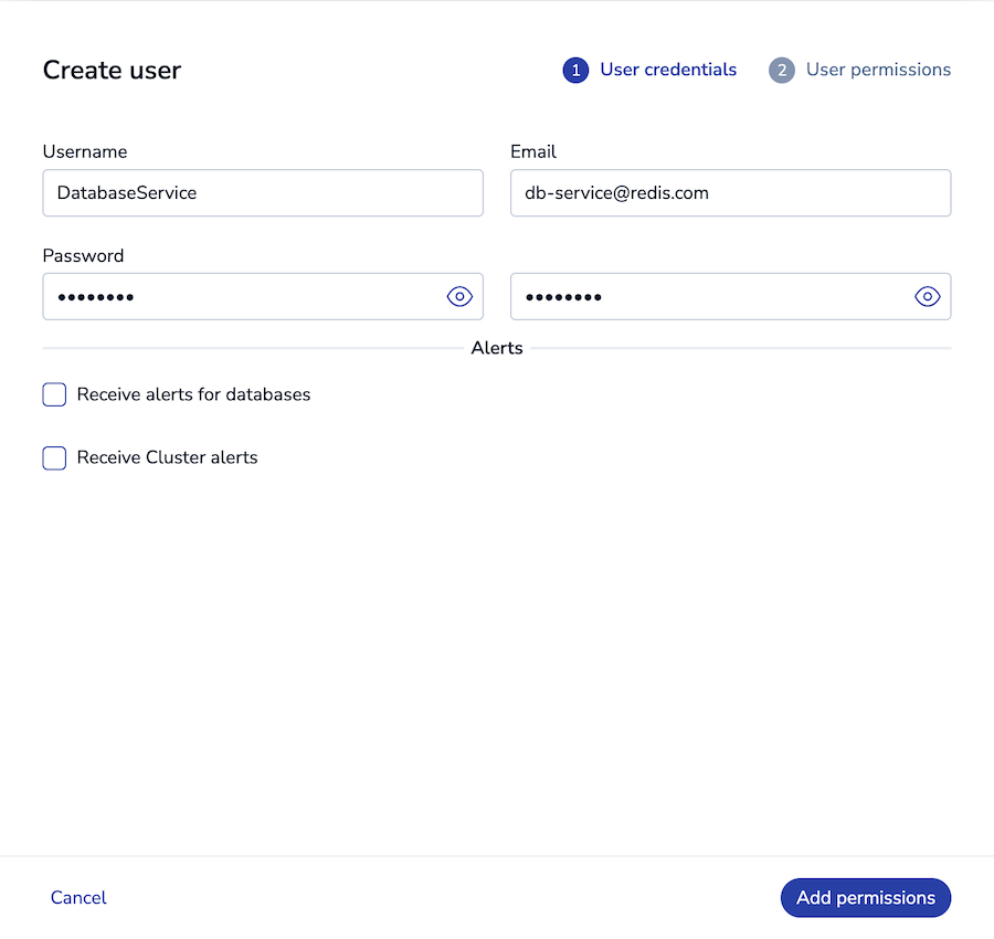 Create user panel with fields for username, email, password, and alerts.