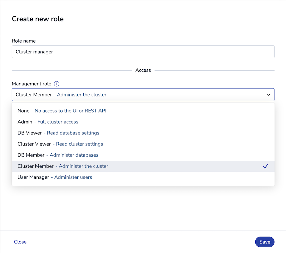Select a cluster management role to set the level of cluster management permissions for the new role.