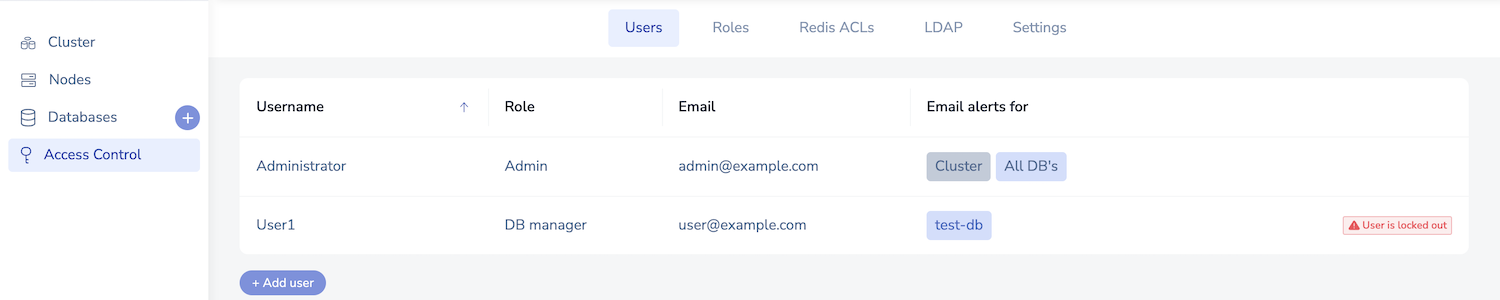 The Access Control > Users configuration screen in the Cluster Manager UI