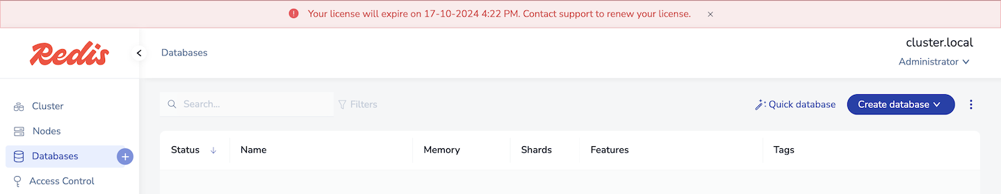 An alert appears in the Cluster Manager UI that says 'Your license will expire on day-month-year time. Contact support to renew your license.'