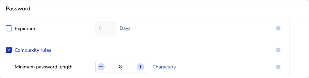 The minimum password length setting appears in the password section of the cluster security preferences screen when complexity rules are enabled.