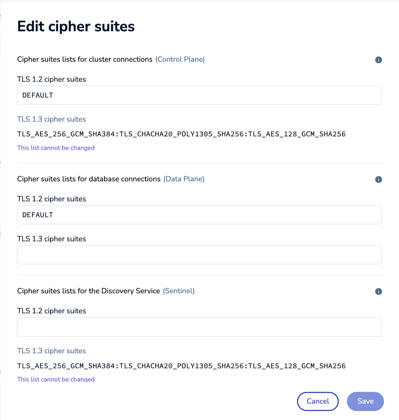 Edit cipher suites drawer in the Cluster Manager UI.