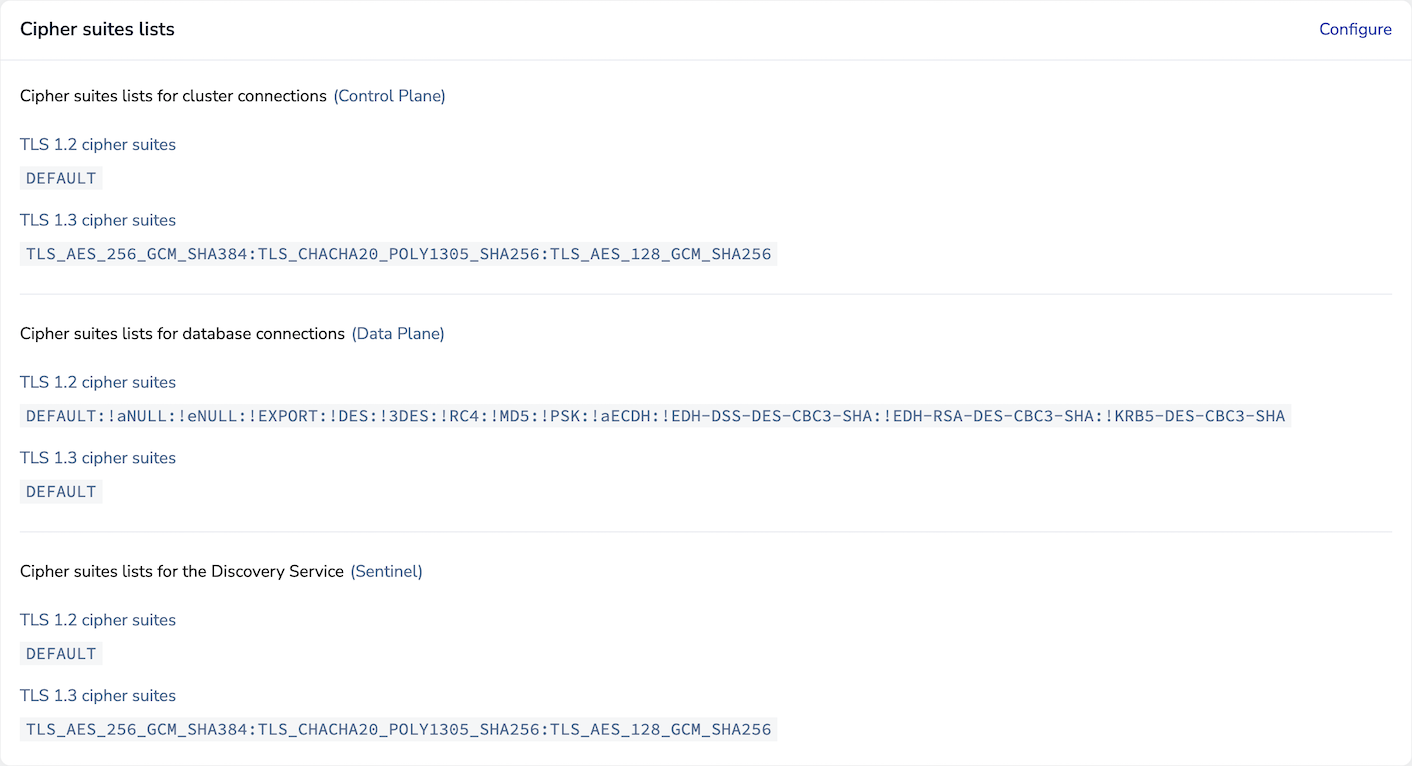 Cipher suites lists as shown in the Cluster Manager UI.