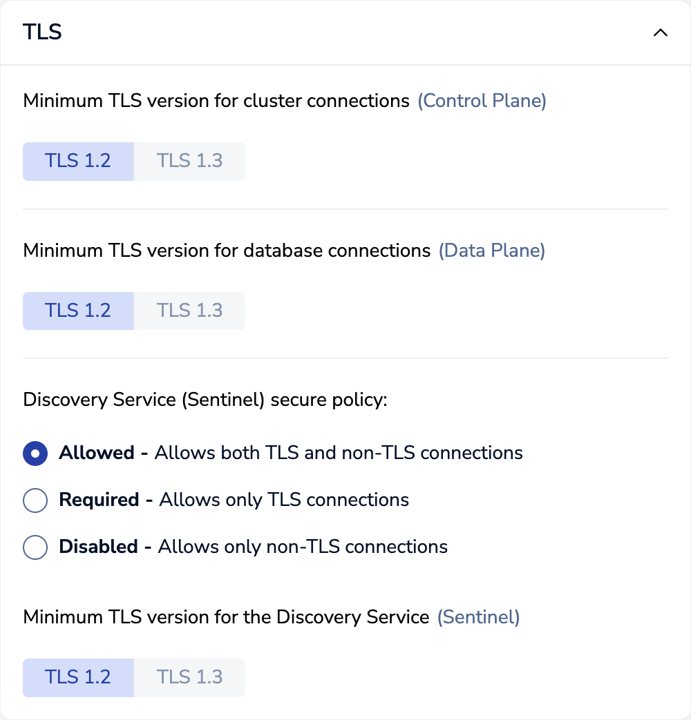 Cluster > Security > TLS settings in edit mode in the Cluster Manager UI.