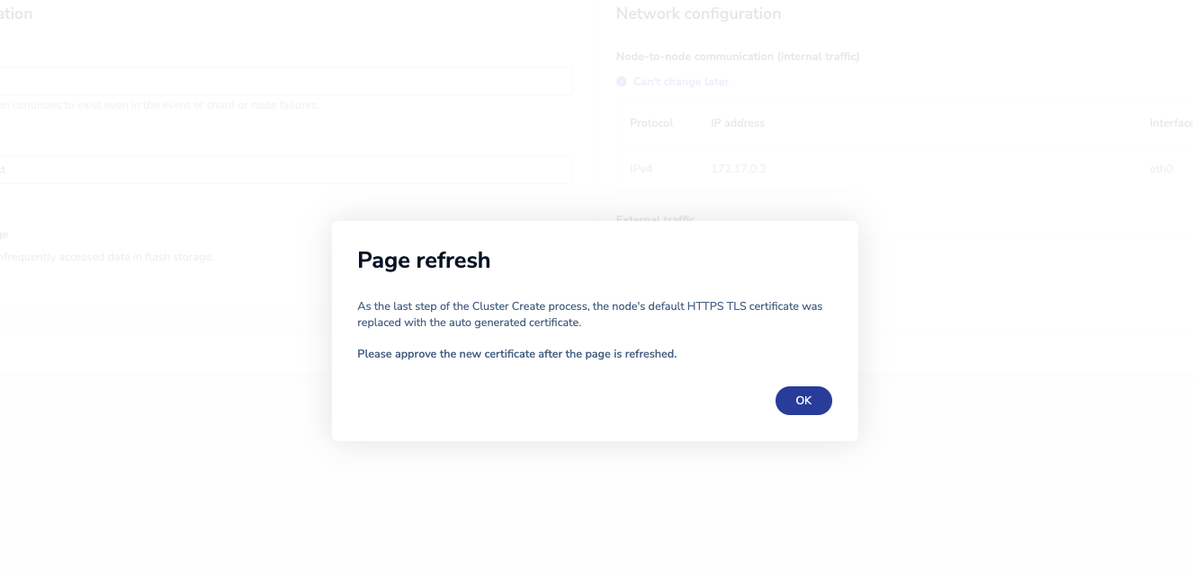Modal shown when a page refresh is needed because the certificates have been updated.