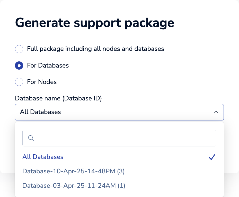 The list of databases you can include in the support package.