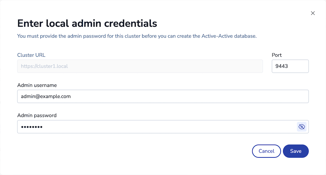 Enter the cluster's admin username and password.
