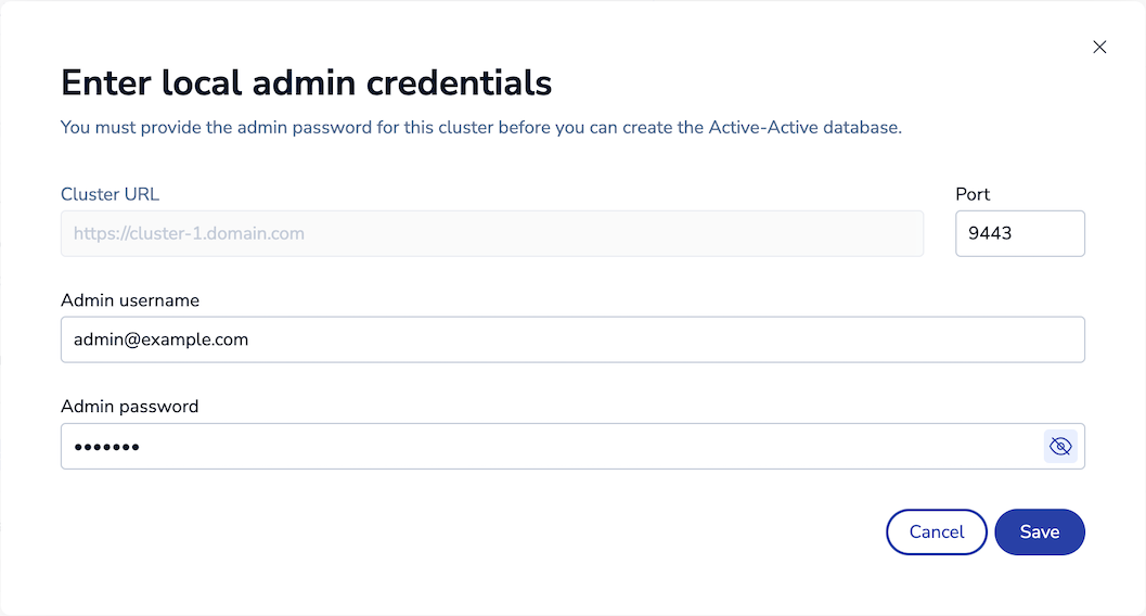 Enter the cluster's admin username and password.