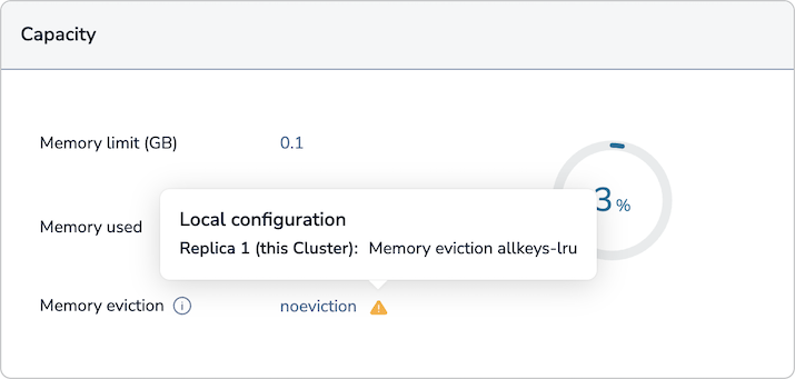 An example that shows memory eviction is set to noeviction globally but allkeys-lru locally.